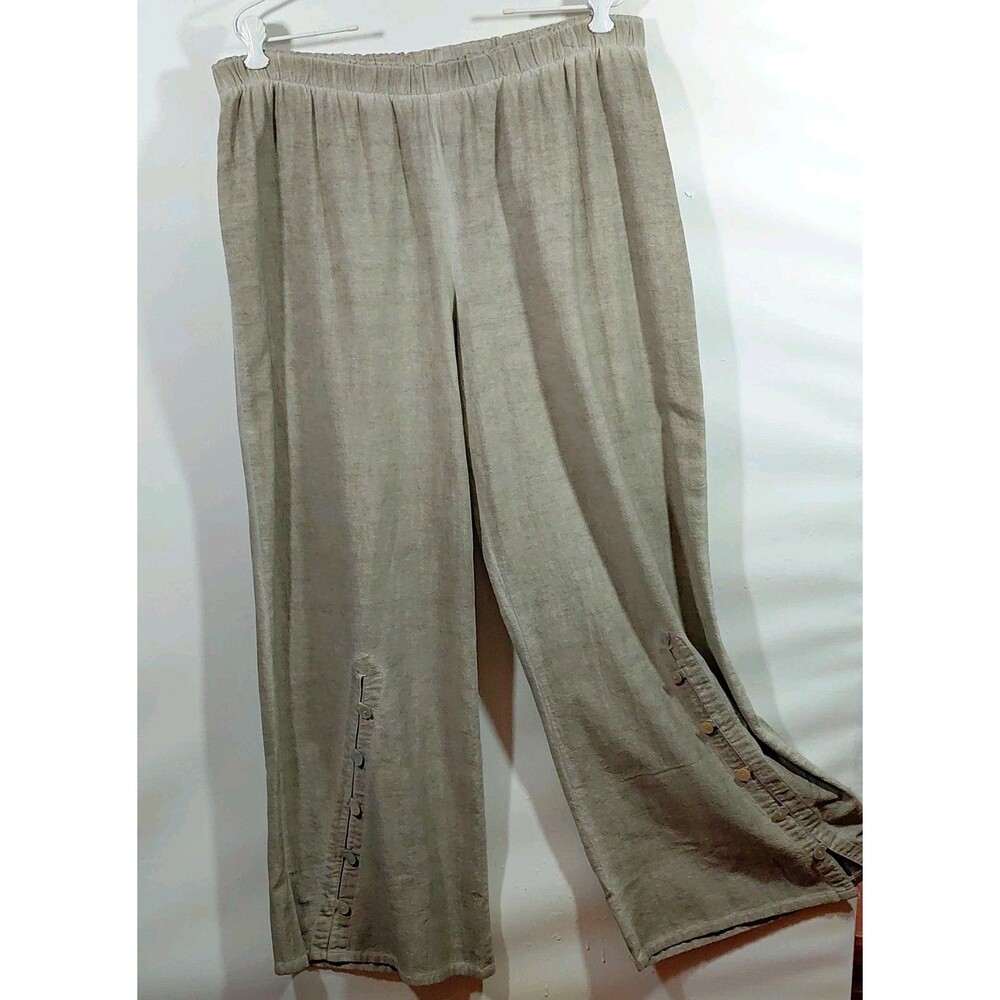 Soft Surroundings 100% Cotton Pull-On Pants Elastic Waist Wide Leg  LG Taupe